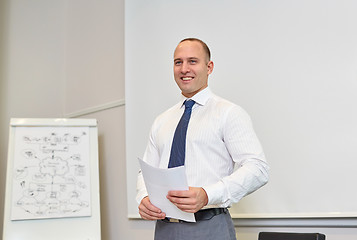 Image showing smiling businessman on presentation in office