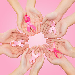 Image showing close up of hands with cancer awareness symbol