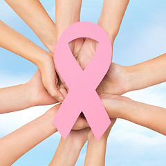 Image showing close up of hands with cancer awareness symbol