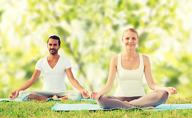 Image showing smiling couple making yoga exercises outdoors