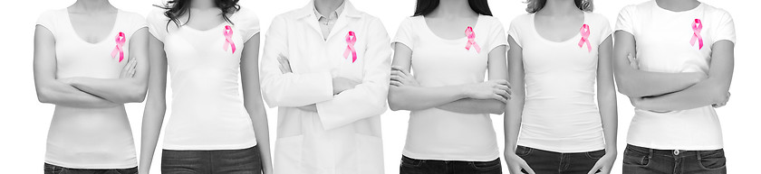 Image showing smiling women with pink cancer awareness ribbons