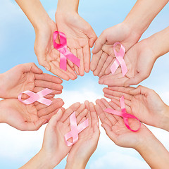 Image showing close up of hands with cancer awareness symbol