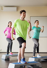 Image showing group of people working out with steppers in gym