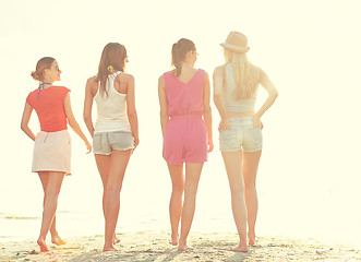 Image showing group of young women walking on beach