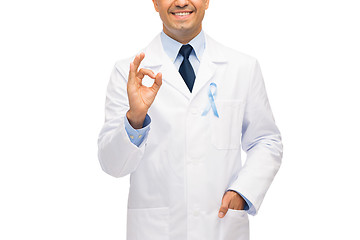 Image showing happy doctor with prostate cancer awareness ribbon