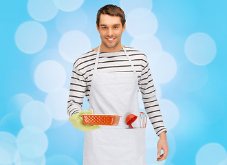 Image showing happy man or cook with baking and kitchenware