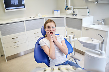 Image showing scared and terrified patient girl at dental clinic