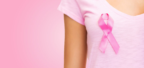 Image showing close up of woman with cancer awareness ribbon