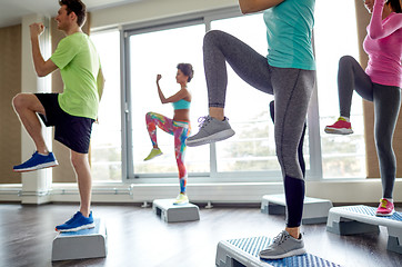 Image showing group of people raising legs on step platforms