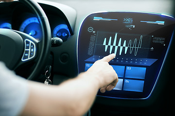 Image showing male hand pointing to diagram on screen in car