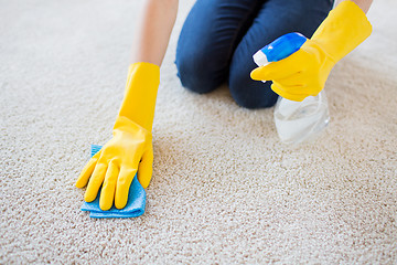 Image showing close up of woman with cloth cleaning carpet