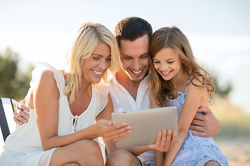 Image showing happy family with tablet pc taking picture