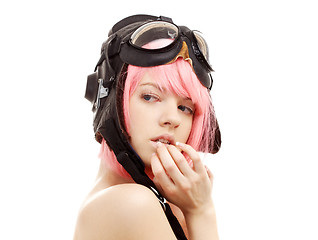 Image showing topless pink hair girl in aviator helmet