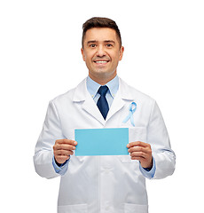 Image showing happy doctor with prostate cancer awareness ribbon