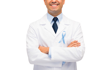 Image showing happy doctor with prostate cancer awareness ribbon