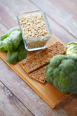 Image showing close up of food rich in fiber on wooden table