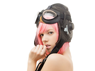 Image showing topless pink hair girl in aviator helmet