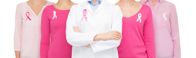 Image showing close up of women with cancer awareness ribbons