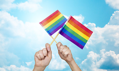 Image showing hands holding rainbow flags over sky background