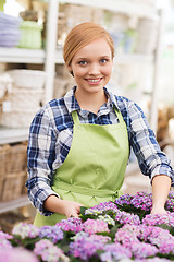 Image showing happy woman taking care of flowers in greenhouse