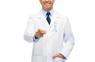 Image showing happy doctor with prostate cancer awareness ribbon