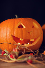 Image showing close up of pumpkins on table