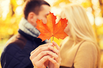 Image showing close up of couple kissing in autumn park