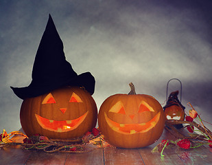 Image showing close up of pumpkins on table