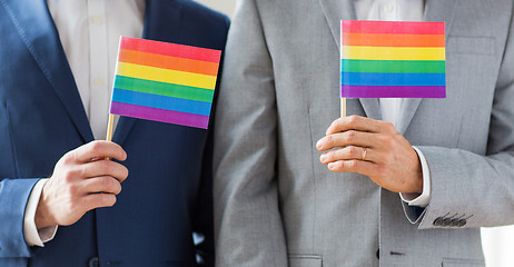 Image showing close up of male gay couple holding rainbow flags