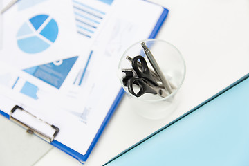 Image showing close up of cup with scissors and pens at office