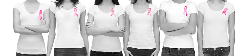 Image showing smiling women with pink cancer awareness ribbons