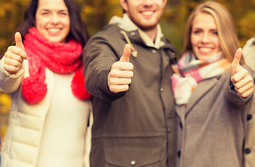 Image showing happy friends showing thumbs up in autumn park