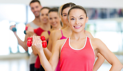 Image showing group of smiling people with dumbbells in the gym