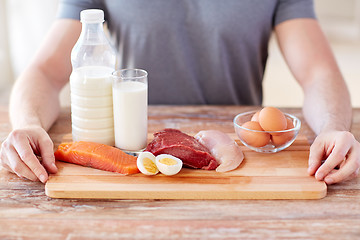 Image showing close up of male hands with food rich in protein