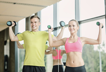 Image showing smiling man and woman with dumbbells in gym