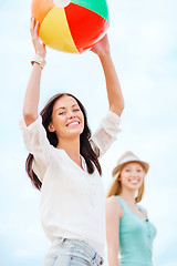 Image showing girls playing ball on the beach