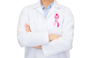 Image showing female doctor with breast cancer awareness ribbon