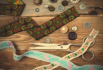 Image showing vintage lace, buttons and a dressmaker scissors