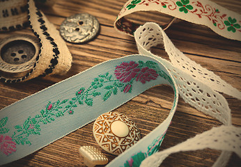 Image showing vintage ribbons, lace, tape and buttons