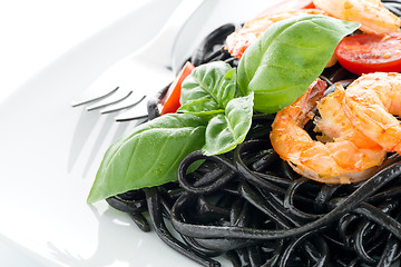 Image showing Black spaghetti with shrimps