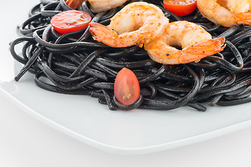 Image showing Black spaghetti with shrimps