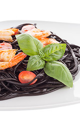 Image showing Black spaghetti with shrimps