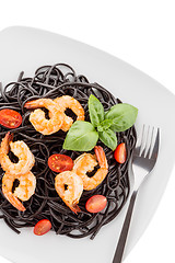 Image showing Black spaghetti with shrimps