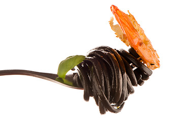 Image showing Black spaghetti with shrimps