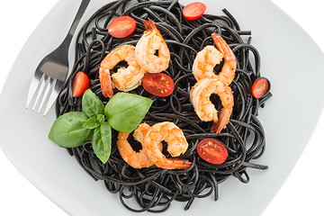 Image showing Black spaghetti with shrimps