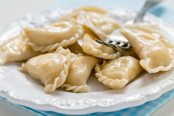 Image showing Dumplings with cottage cheese and fork on the plate.