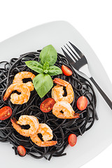 Image showing Black spaghetti with shrimps