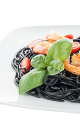 Image showing Black spaghetti with shrimps