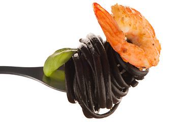 Image showing Black spaghetti with shrimps