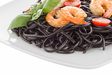 Image showing Black spaghetti with shrimps